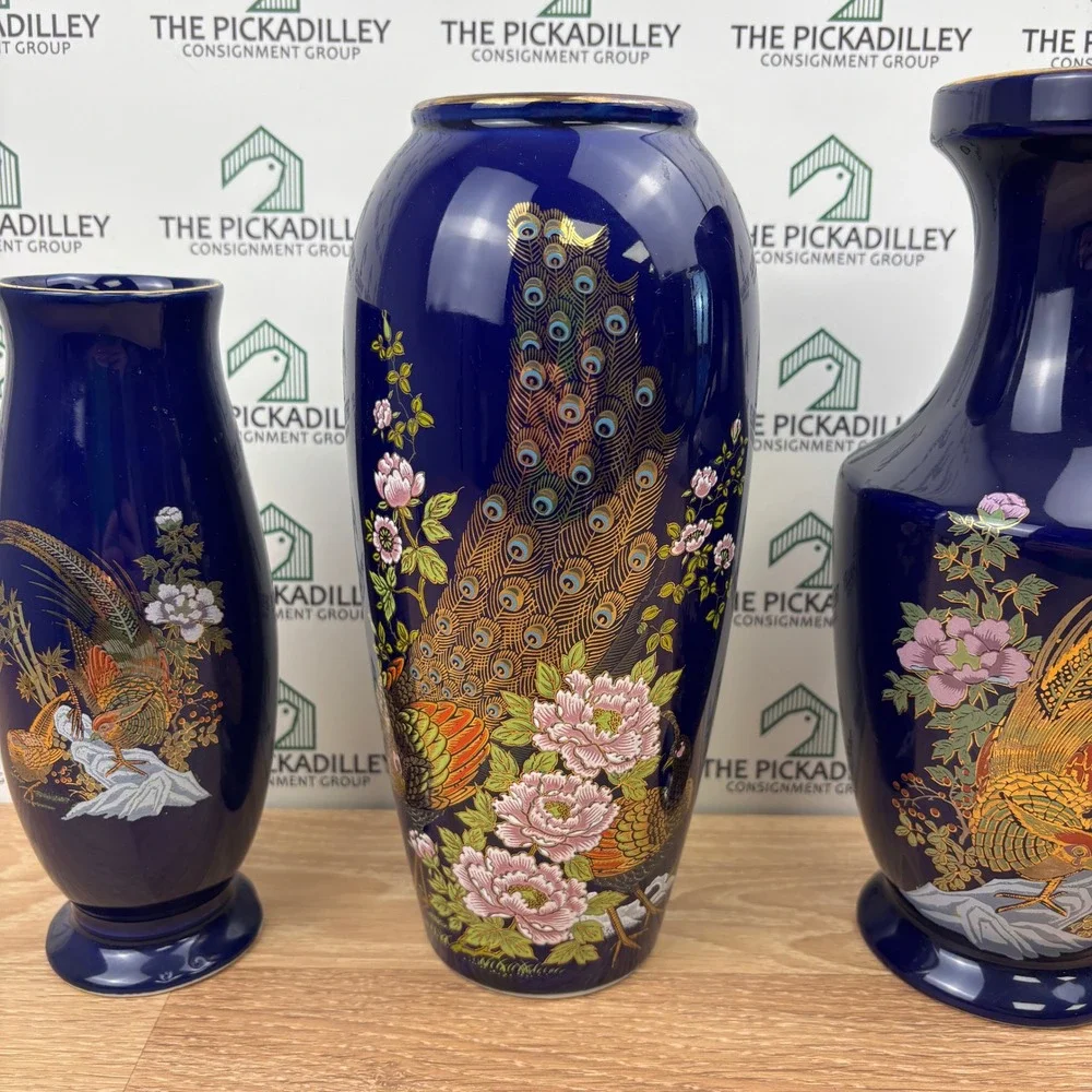 Vintage Japanese Cobalt Blue Porcelain Vase Set 3pc Peacock Pheasant Gold Gilt